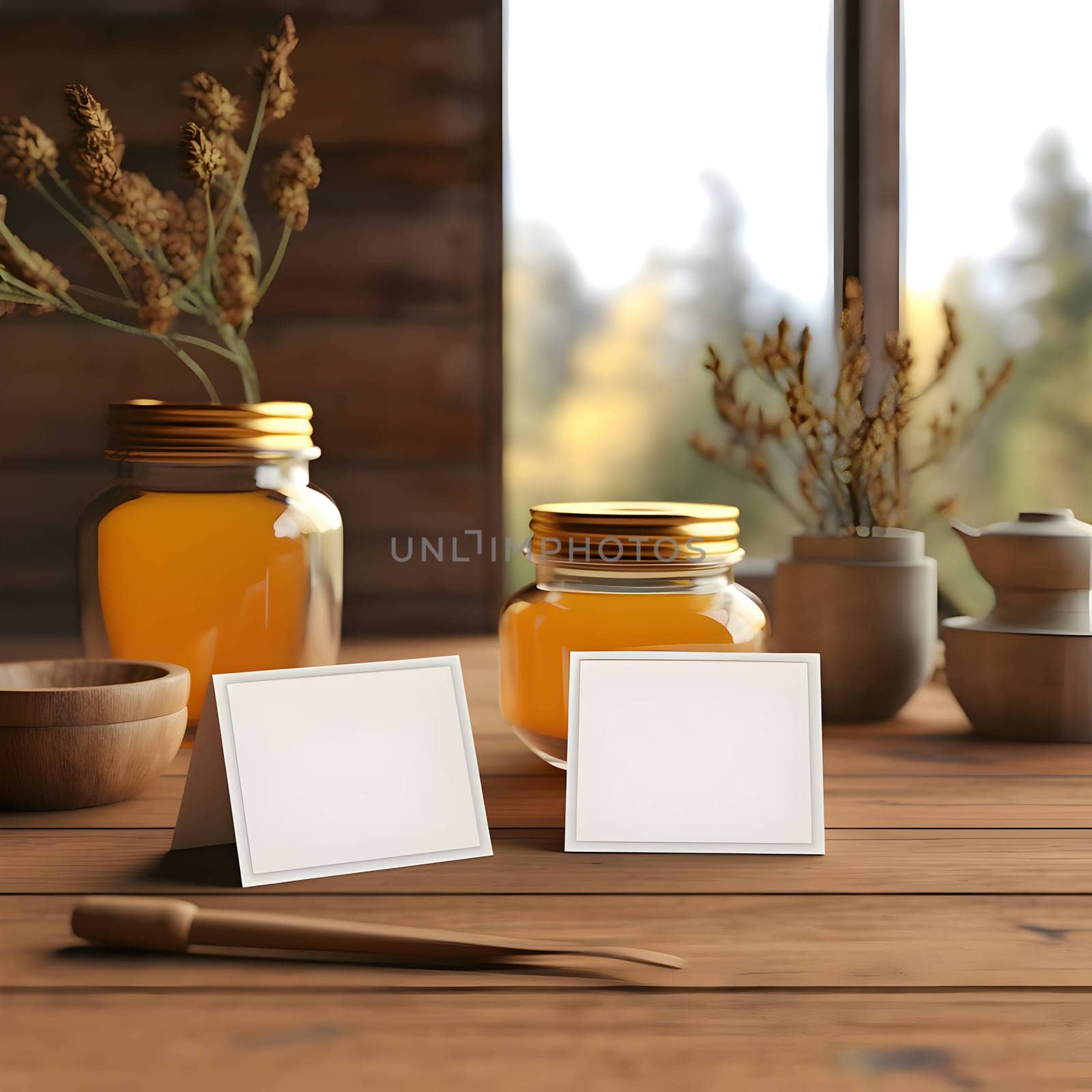Two white cards placed amidst orange juice jars and a view through the window create a refreshing and vibrant scene.