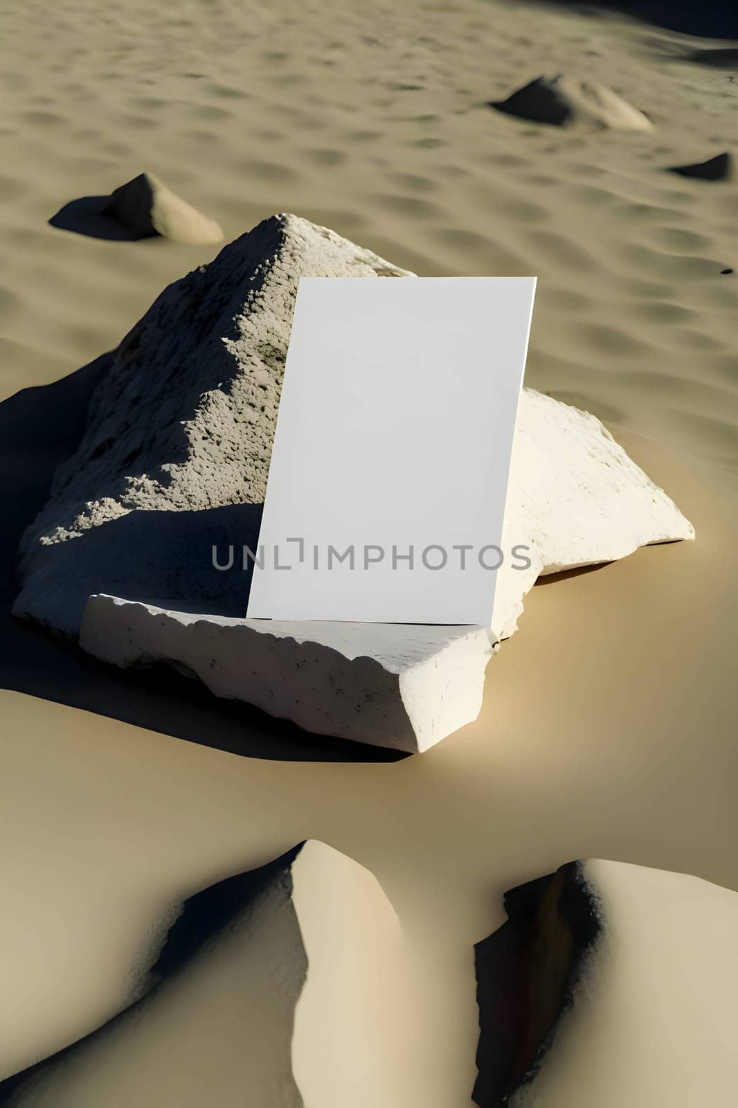 A blank white card stands out against a desert background, ready to be filled with your message or design.