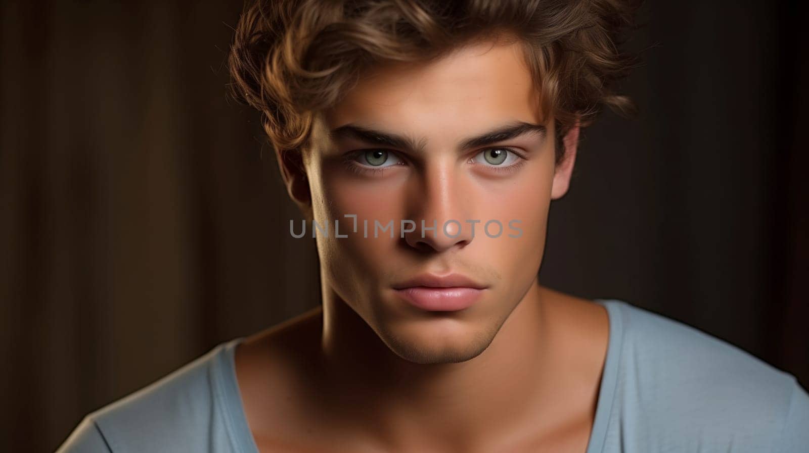 Portrait of handsome caucasian young man looking at camera posing on black studio background