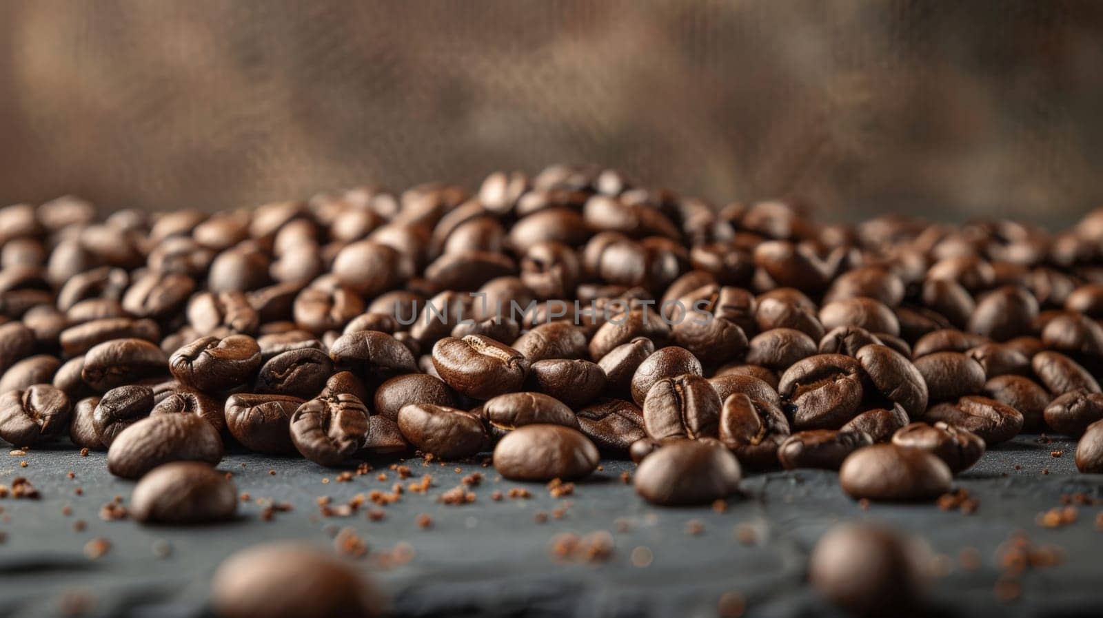 A pile of coffee beans on a wooden surface.