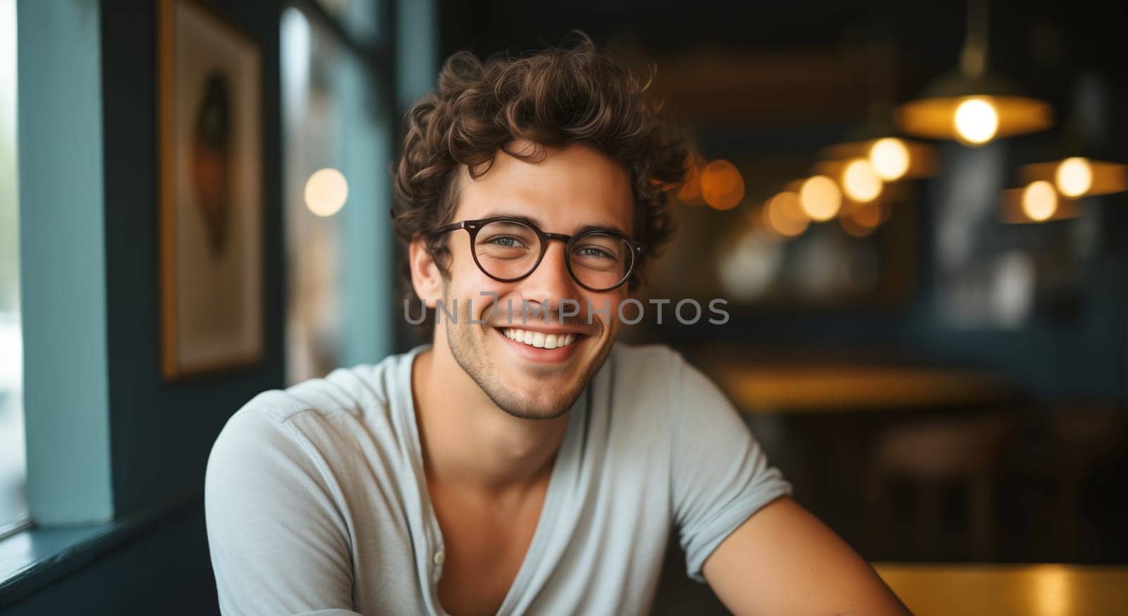 Portrait of happy smiling young man client in coffee house or cafe, looking at camera