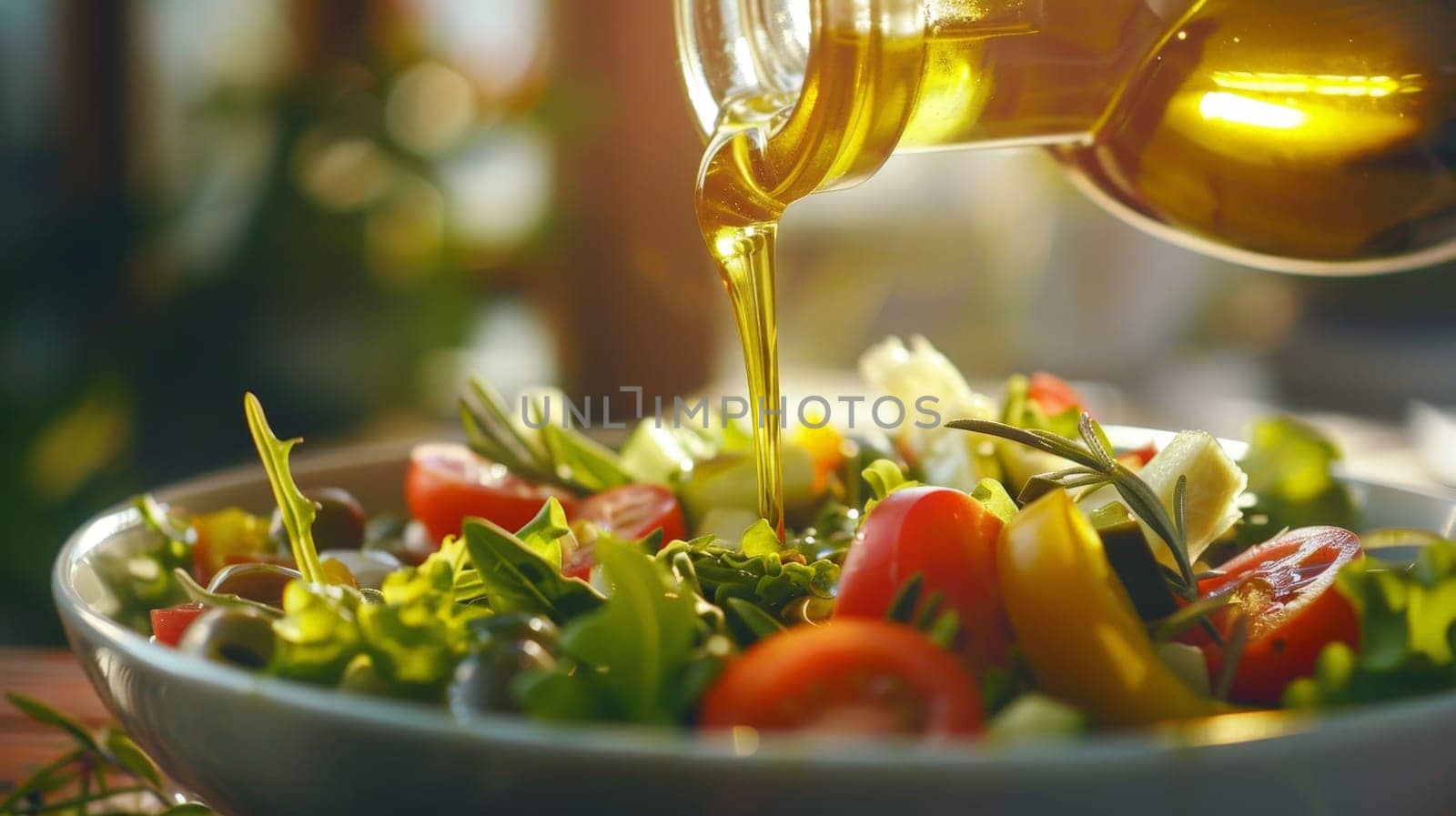 Olive oil salad, A bottle with olive oil pouring into salad, Pouring olive oil from bottle into plate with salad by nijieimu