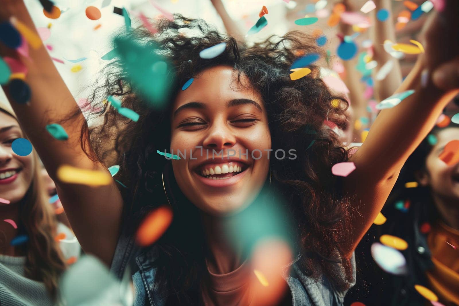 Joyful cheerful happy laughing woman having fun celebrating with her friends having a party by Rohappy