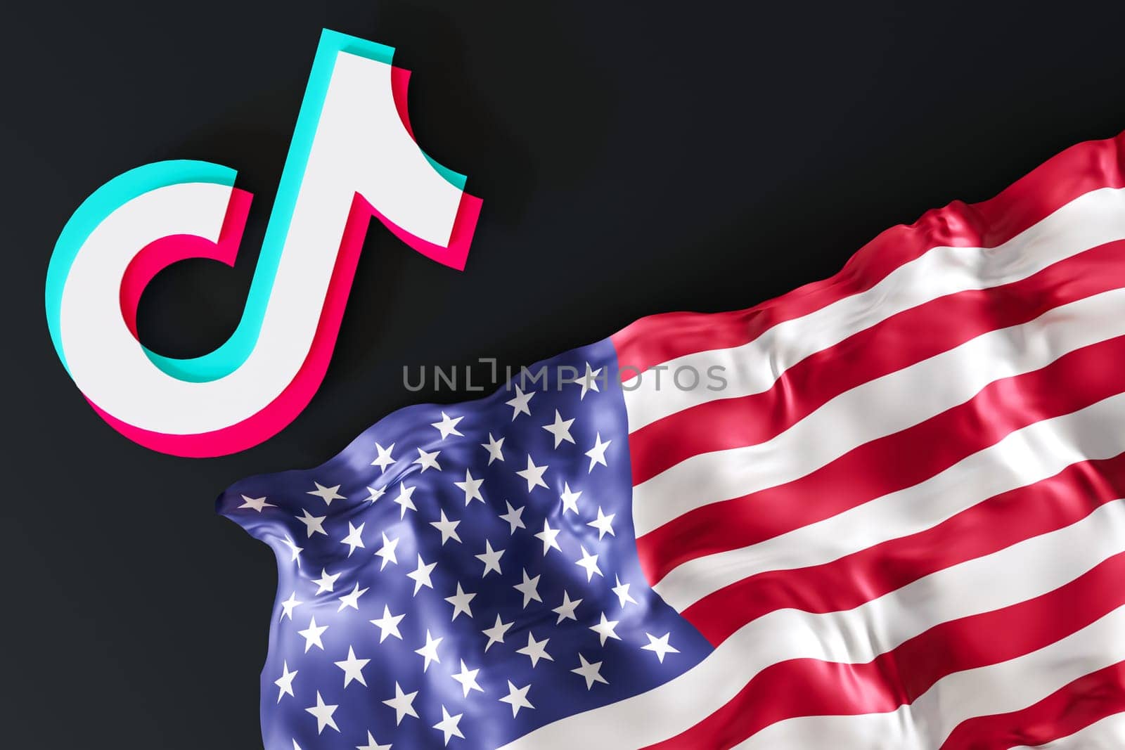 Leipzig, Germany - 15-05-2024: vibrant 3D rendering of the Tik Tok logo and American flag, symbolizing the platforms influence and presence in the USA. Tiktok ban. 3D