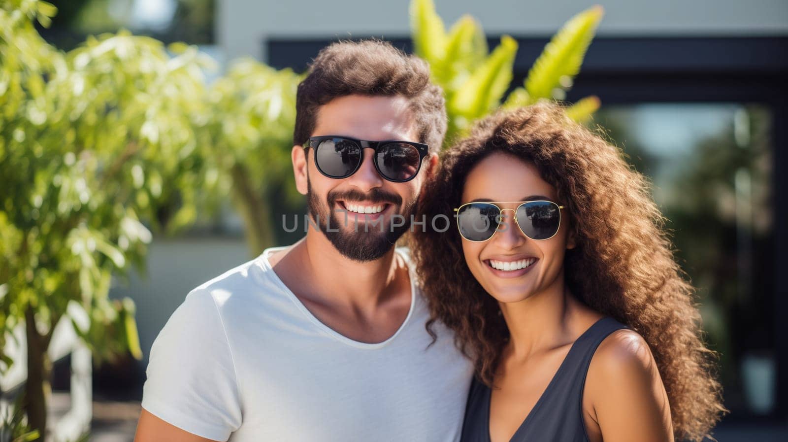 Portrait of happy smiling Hispanic young couple owners standing in green summer backyard of their own suburban house, woman and man relaxing together on a sunny weekend day