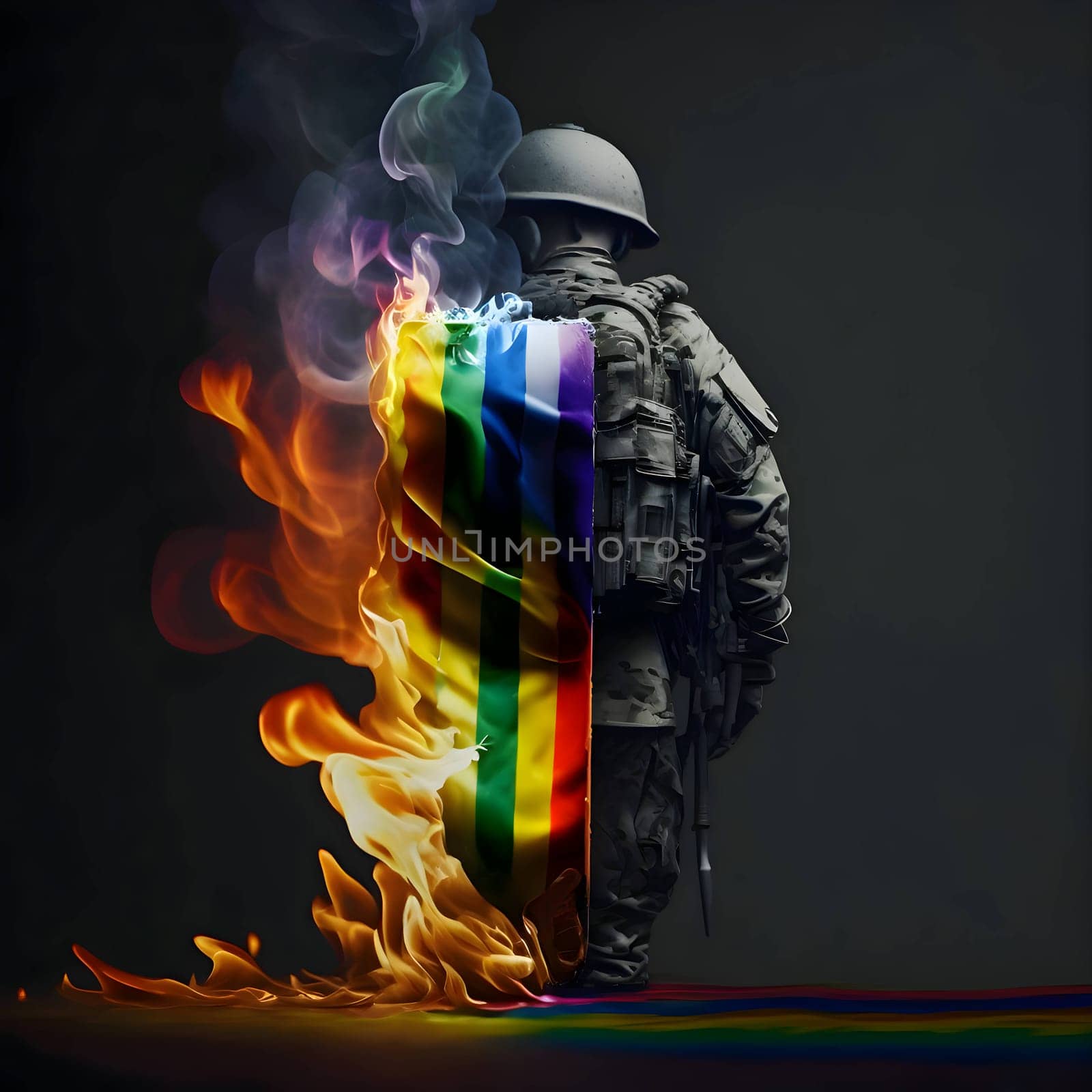 A soldier carrying an LGBT flag with determination and pride, symbolizing the effort of marginalized individuals striving for their rights