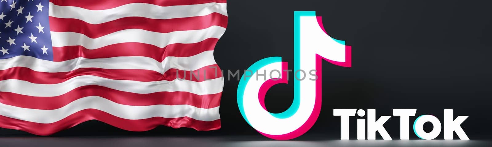 Leipzig, Germany - 15-05-2024: vibrant 3D rendering of the Tik Tok logo and American flag, symbolizing the platforms influence and presence in the USA. Tiktok ban. Panoramic banner. 3D. by creativebird