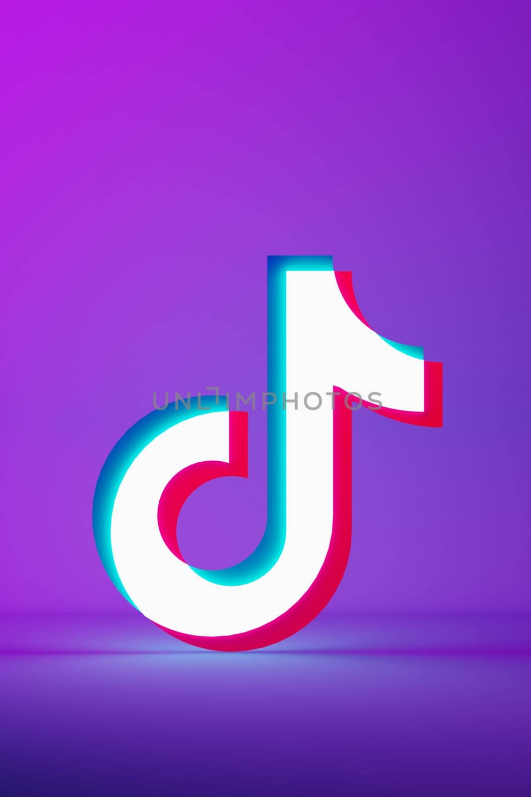 Leipzig, Germany - 15-05-2024: vibrant 3D rendering of Tik Tok logo on purple background, perfect for social media themes and digital marketing content with copy space. Tiktok. Vertical format. 3D