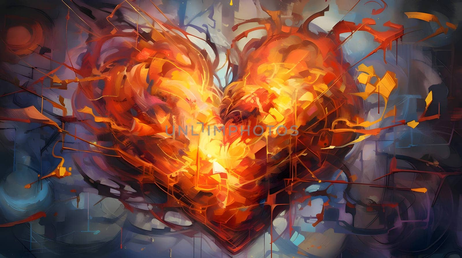 Illustration: A large fiery flaming heart stands out against a dark blue background.