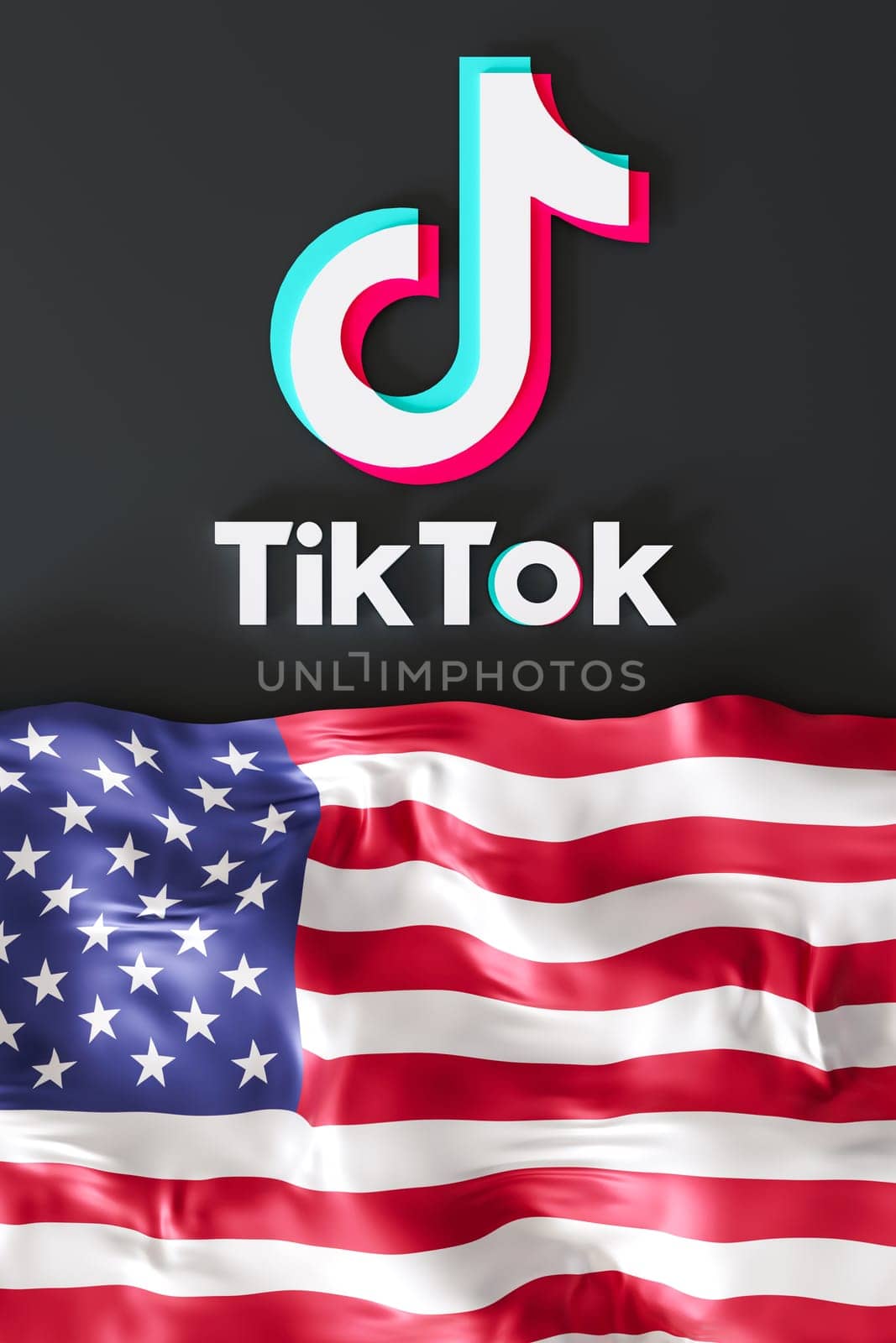 Leipzig, Germany - 15-05-2024: vibrant 3D rendering of the Tik Tok logo and American flag, symbolizing the platforms influence and presence in the USA. Tiktok ban. Vertical format. 3D. by creativebird