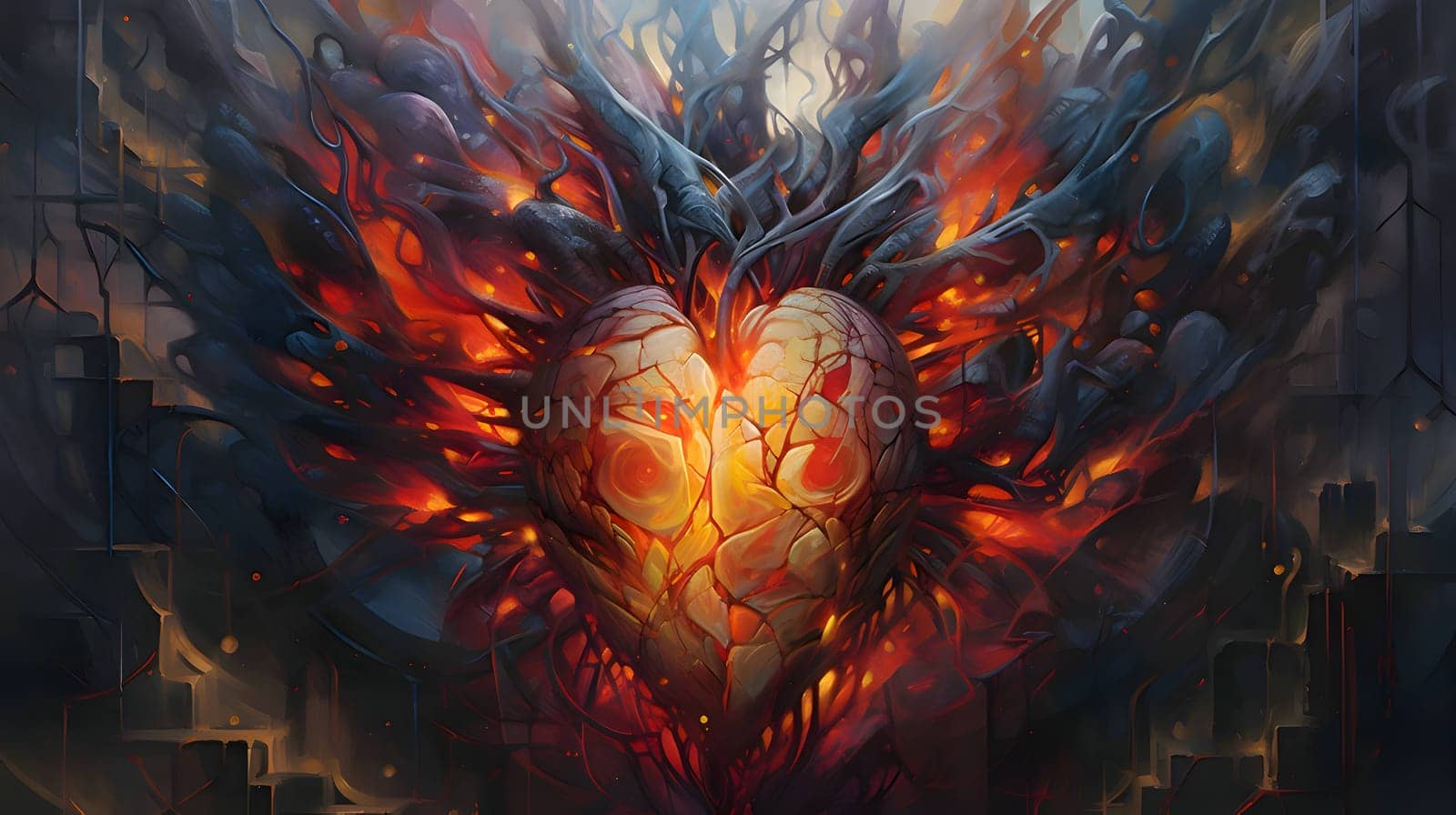 Illustration: A large fiery flaming heart stands out against a dark blue background.