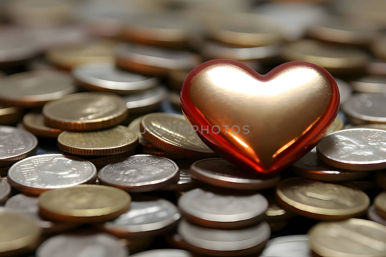 A background filled with shimmering coins surrounding a 3D golden heart, symbolizing wealth and prosperity.