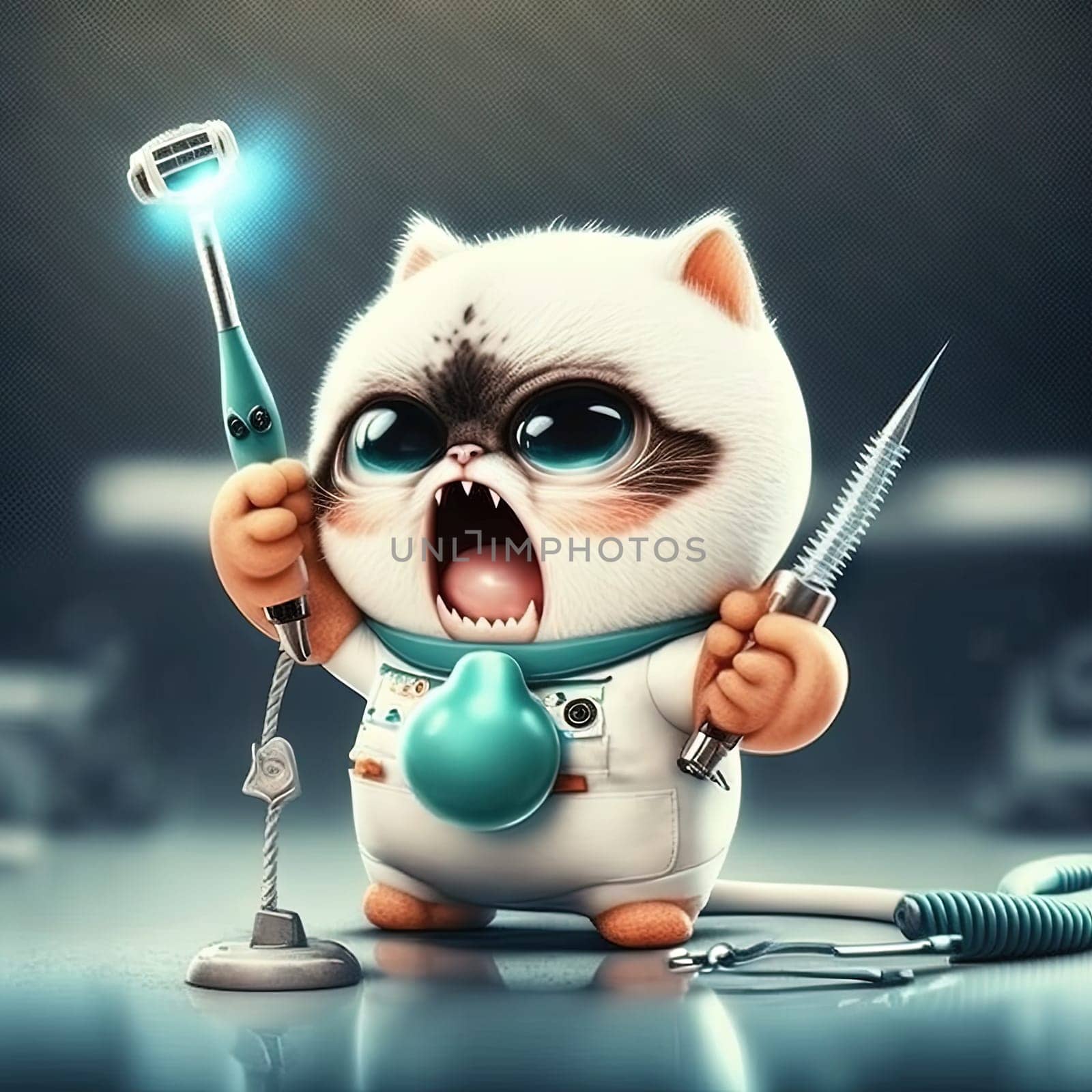 Funny dentist cat. Cute kitten in doctor costume with dentistry and hygiene tools. Generative AI. by SwillKch
