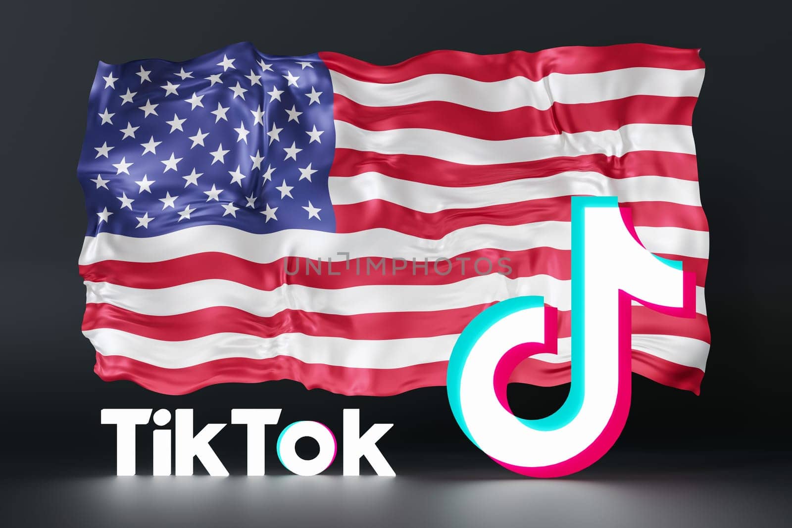 Leipzig, Germany - 15-05-2024: vibrant 3D rendering of the Tik Tok logo and American flag, symbolizing the platforms influence and presence in the USA. Tiktok ban. 3D. by creativebird