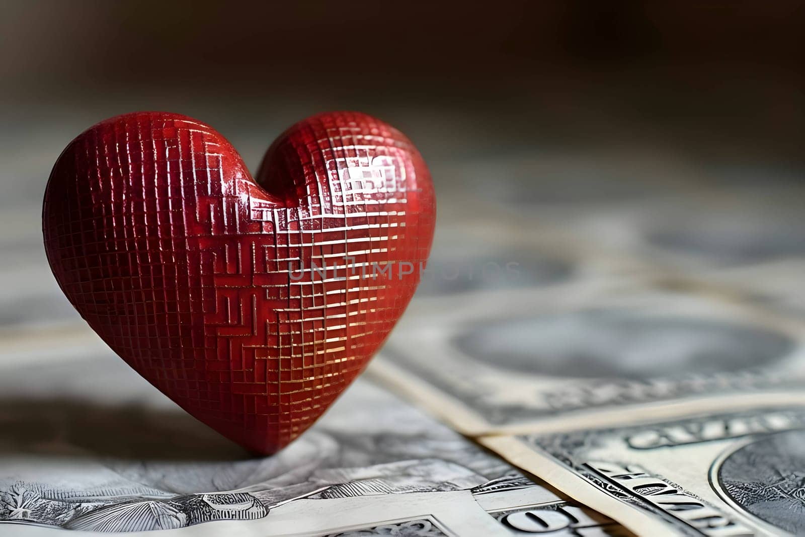 A background with a vibrant red heart resting on a stack of bills, representing the intertwining of love and wealth.