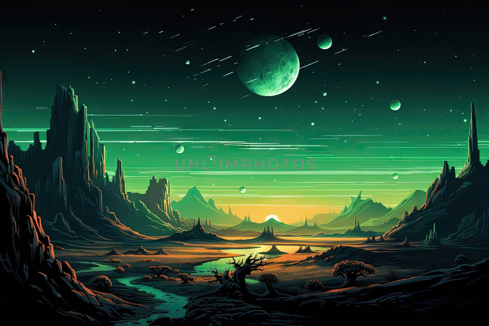 Alien planet landscape with mountains and moon over horizon in retro style. Generated AI. by SwillKch