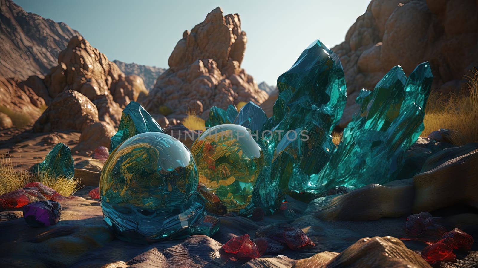 Science fiction landscape with glass mountains. Alien planet with melted glass rocks. Generated AI. by SwillKch
