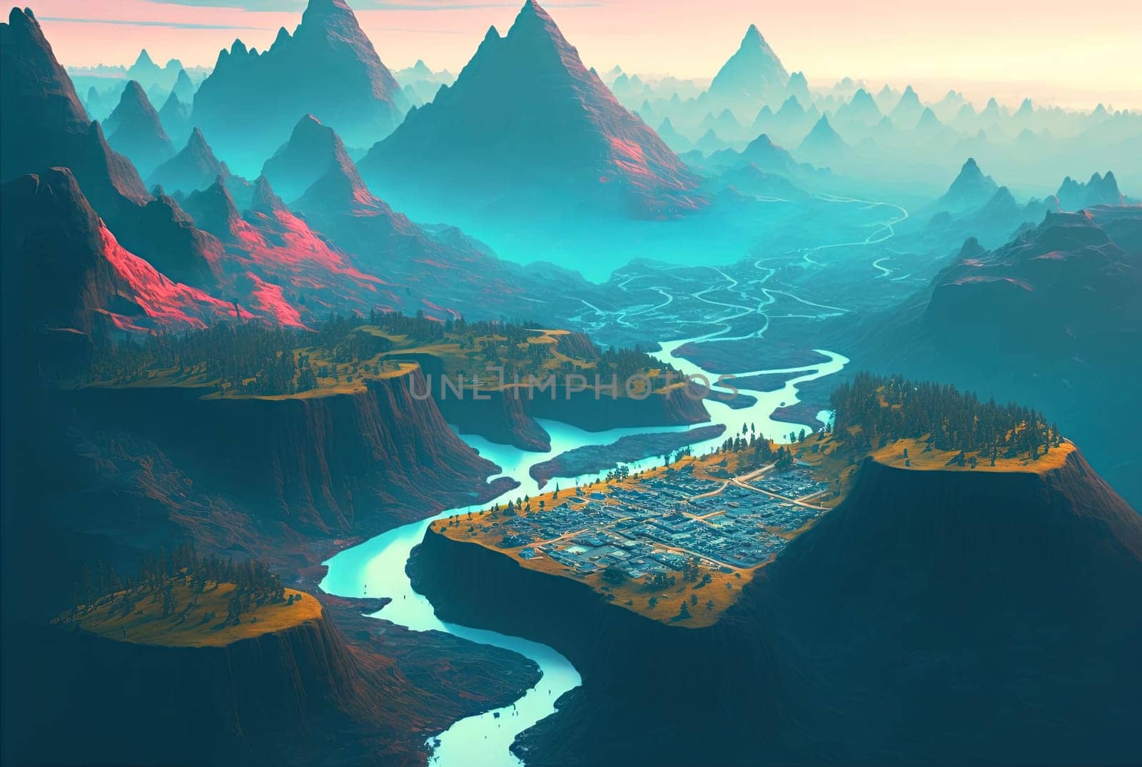 Scenic view of a fantasy island with neon city in the mountain landscape. Generated AI