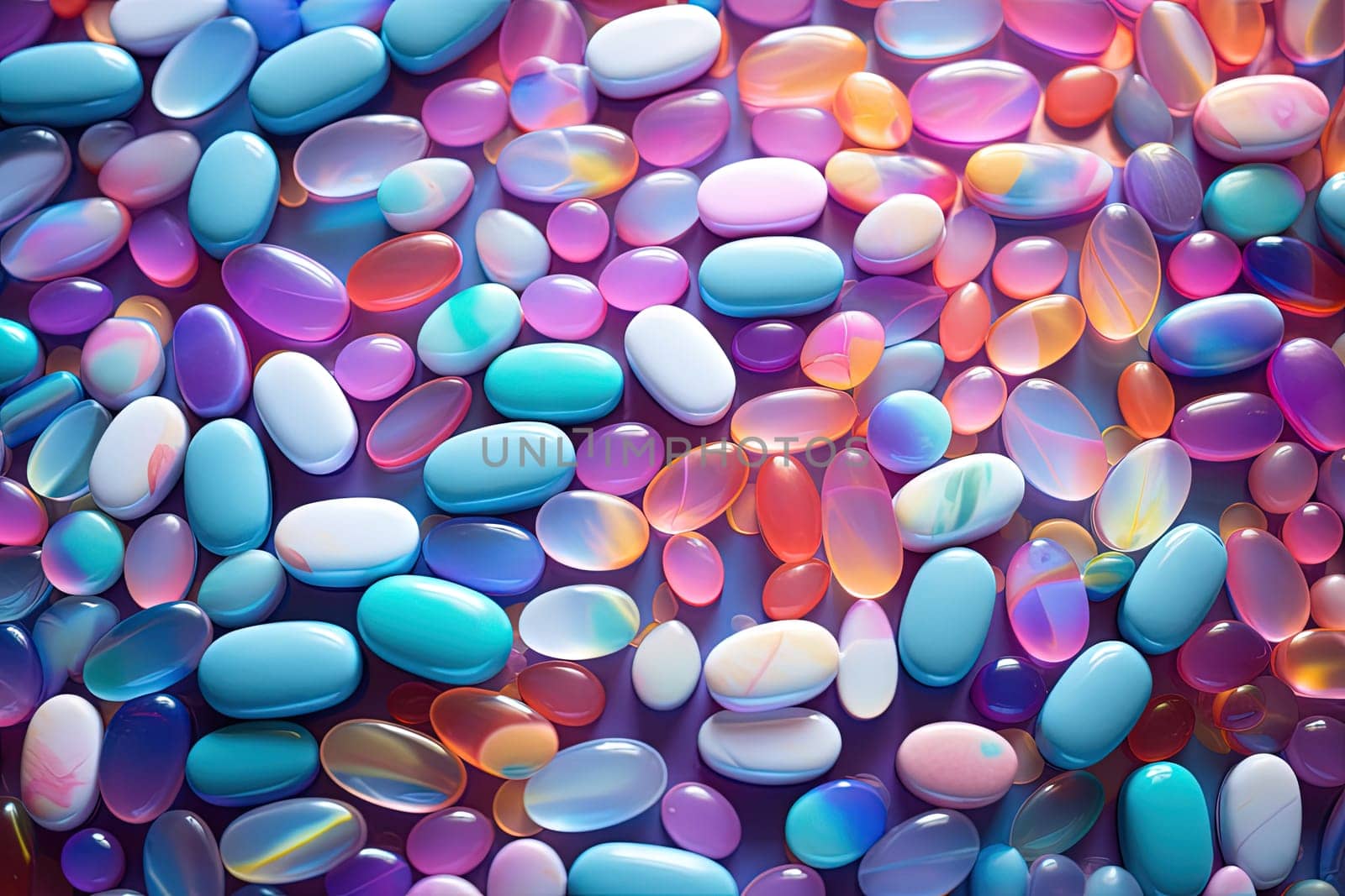 Background with pills and capsules in neon blue and purple colors. Medical drug or dietary supplement concept. Generated AI. by SwillKch