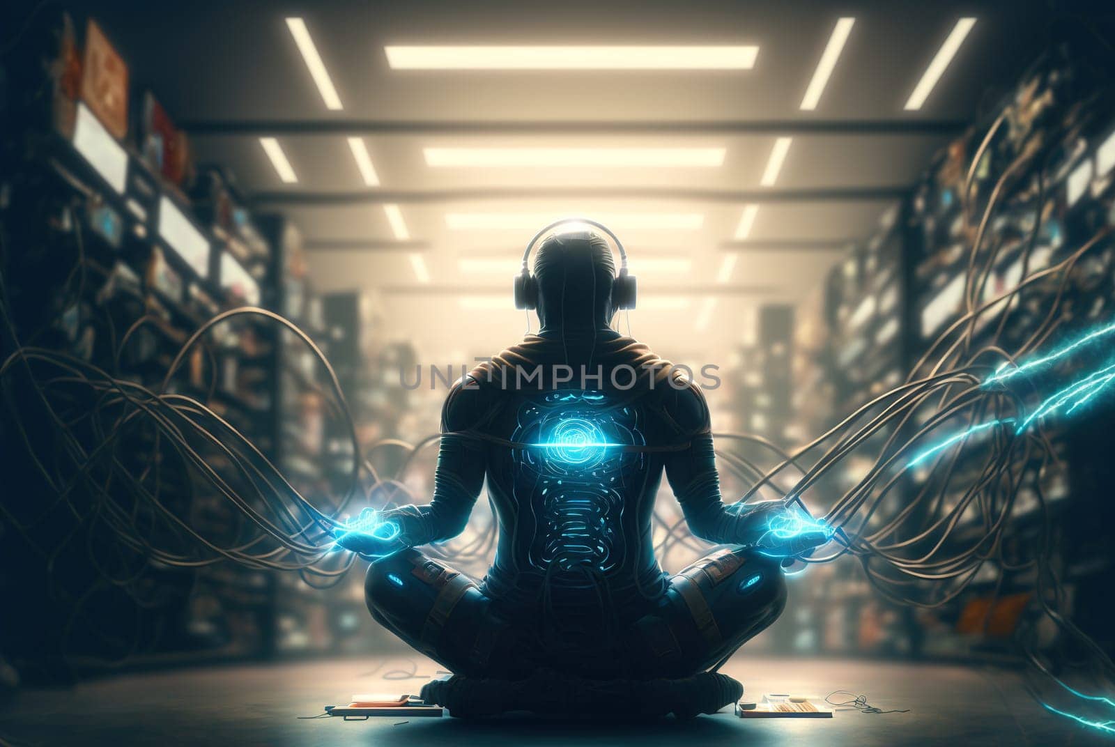 Digital era man meditating in neon wires, with consciousness connected to the world via technological structure. Generated AI. by SwillKch