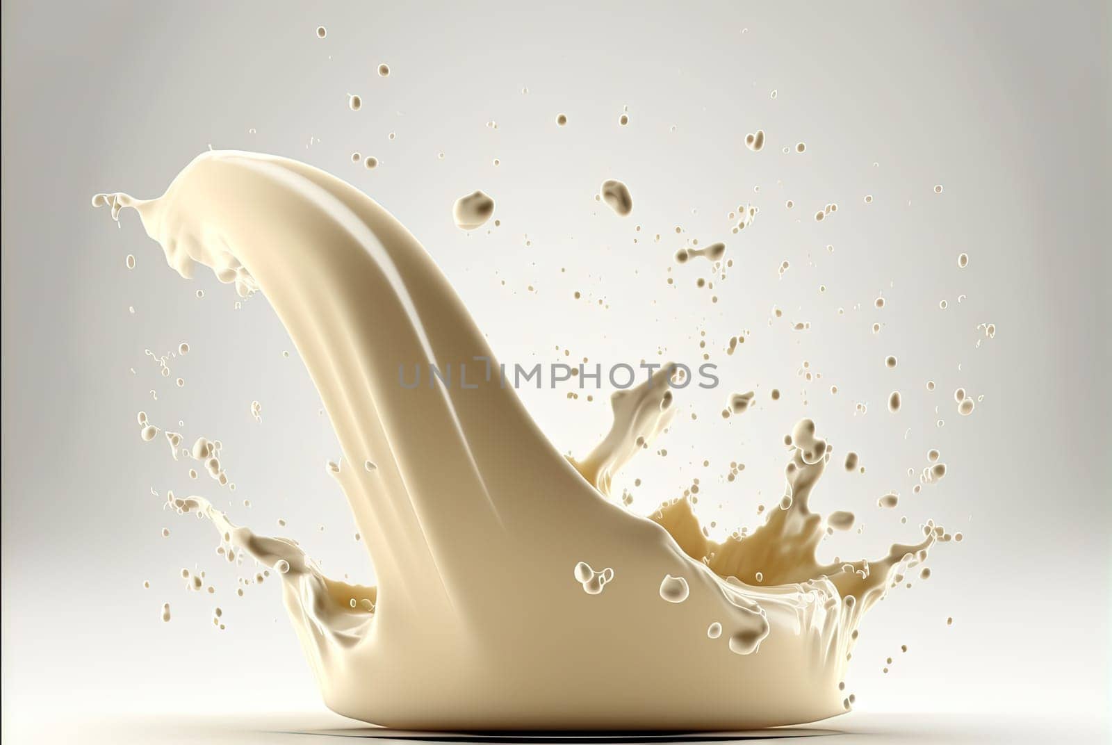 Milk splash with drops flying away. Splasj crown in the white milk. Generated AI