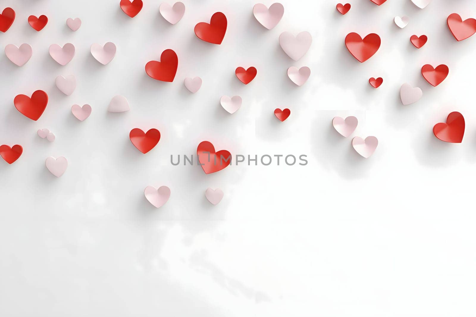 White and red hearts on a blank light card, banner with space for your own content. Heart as a symbol of affection and love. The time of falling in love and love.