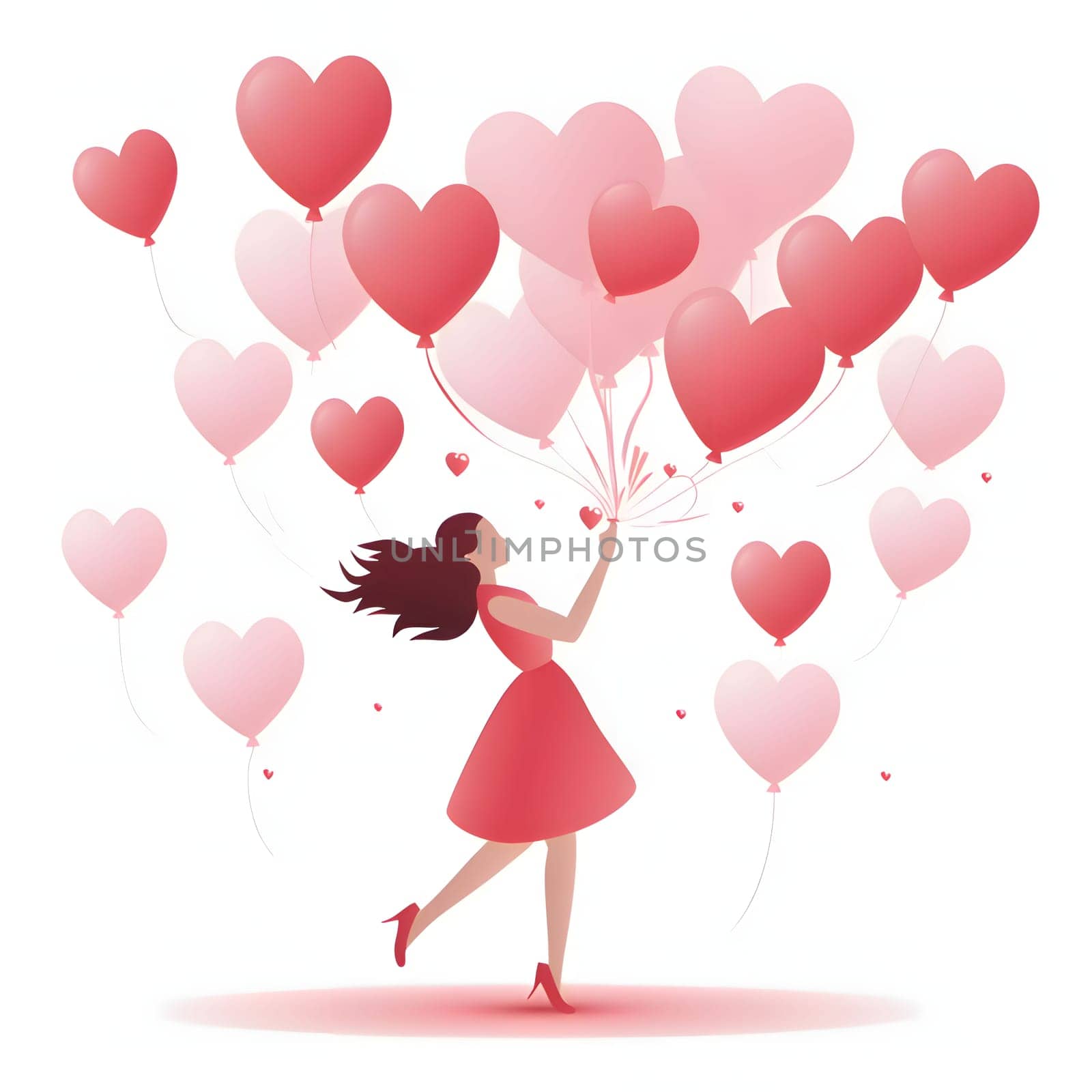 Woman holding heart-shaped balloons in her hand. Illustration on a white isolated background. Heart as a symbol of affection and love. The time of falling in love and love.