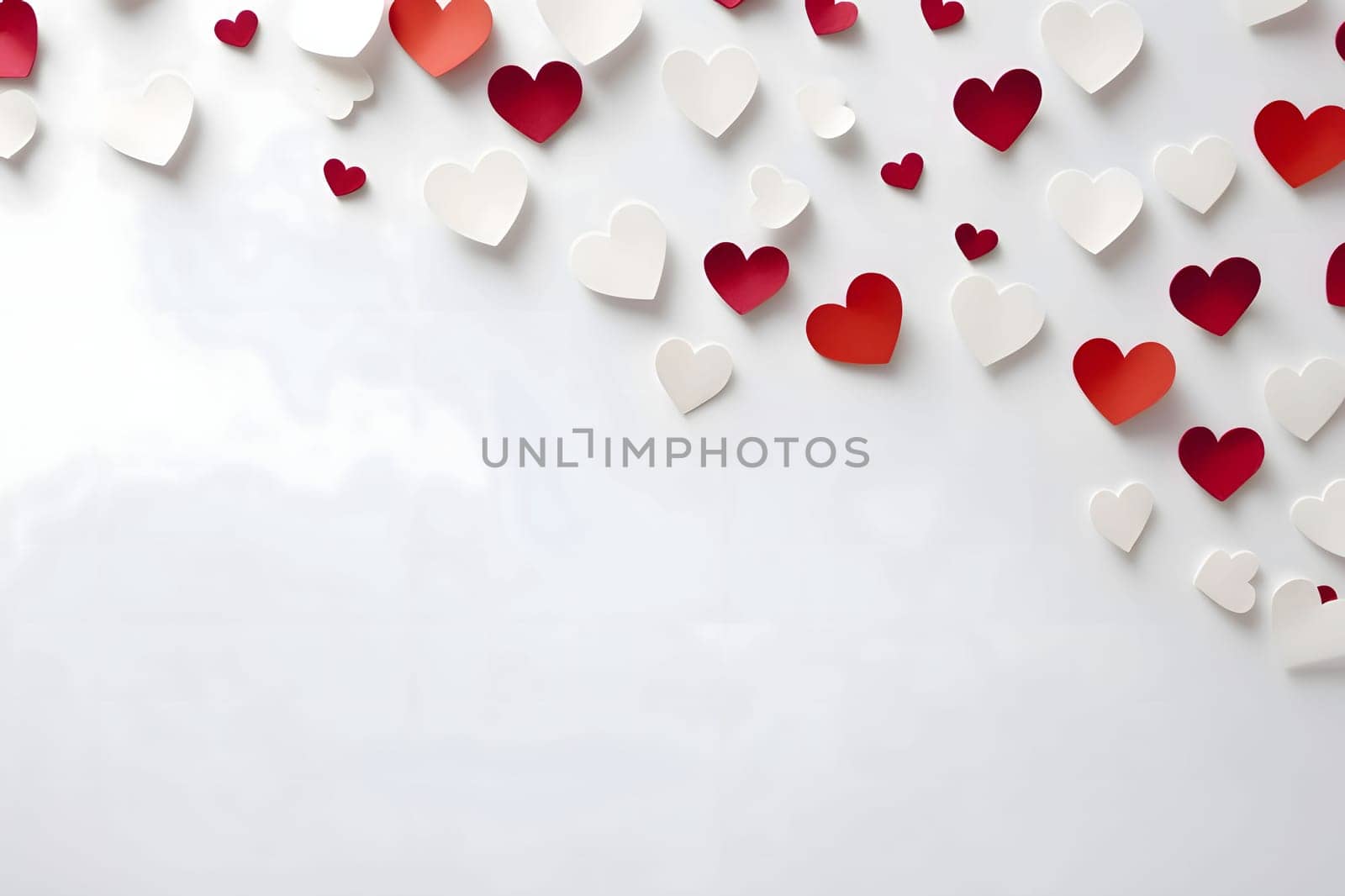 White and red hearts on a blank light card, banner with space for your own content. Heart as a symbol of affection and love. The time of falling in love and love.