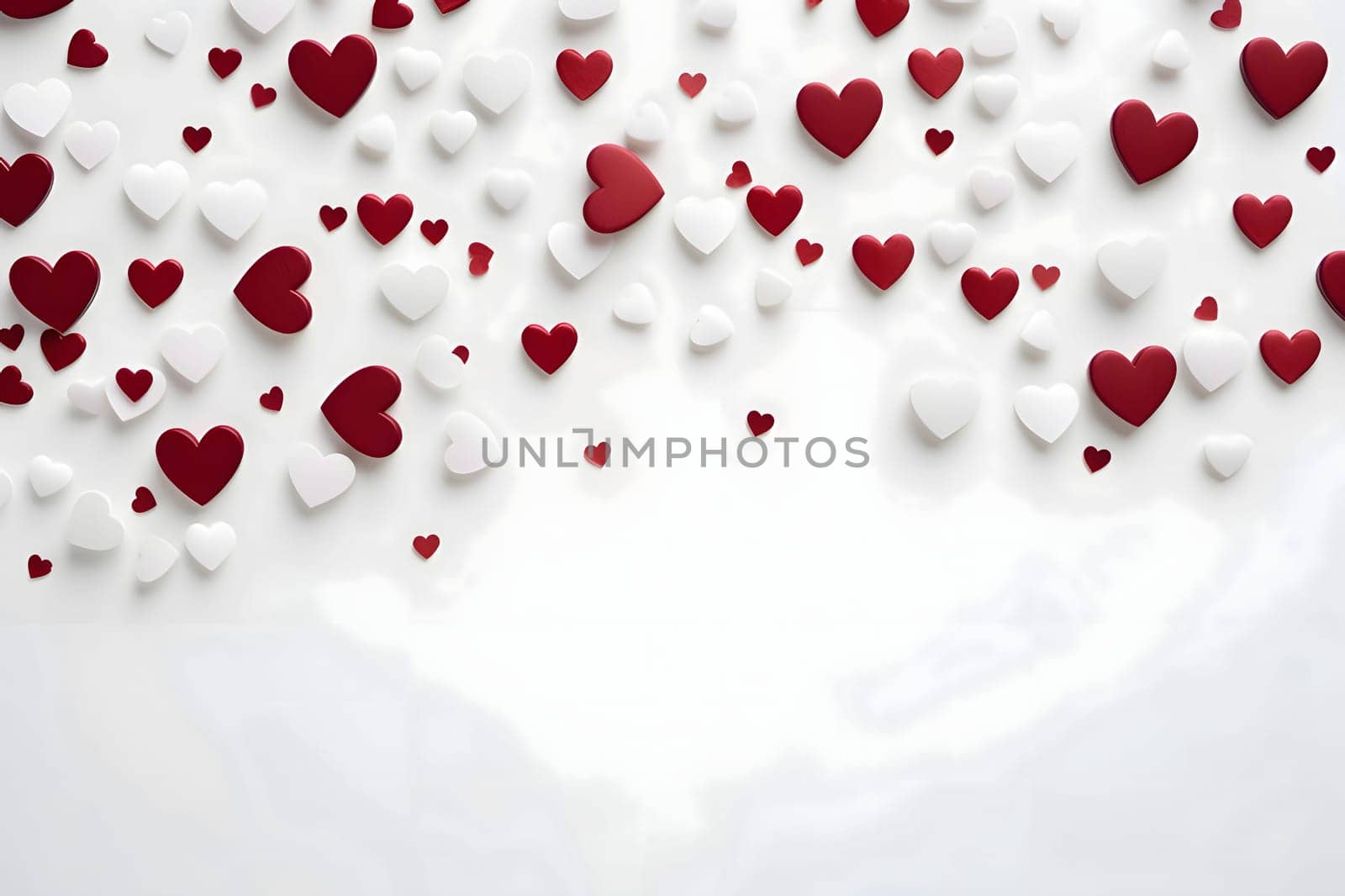 White and red hearts on a blank light card, banner with space for your own content. Heart as a symbol of affection and love. The time of falling in love and love.