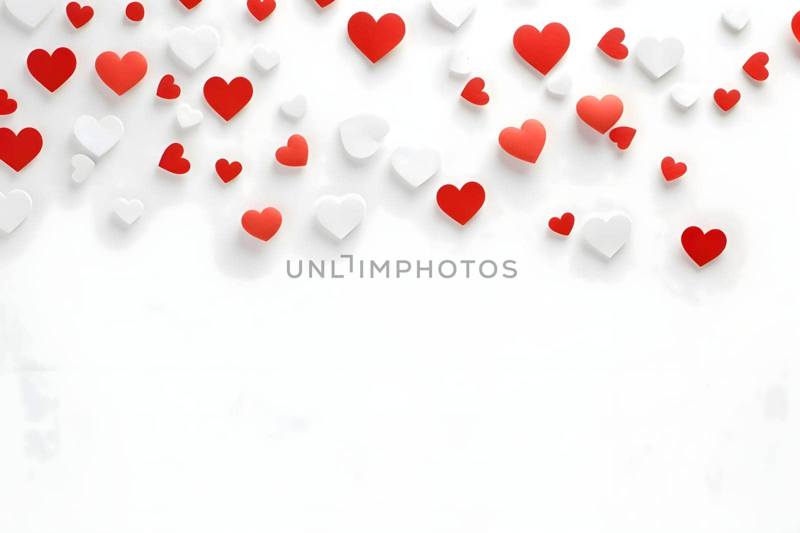 White and red hearts on a blank light card, banner with space for your own content. Heart as a symbol of affection and love. The time of falling in love and love.