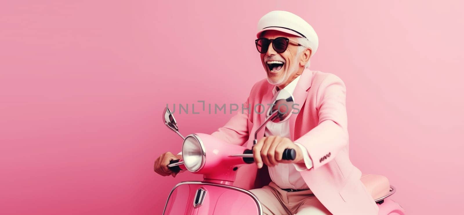 Cheerful happy senior man riding pink scooter, stylish elderly male driver driving moped enjoying summer vacation, road trip