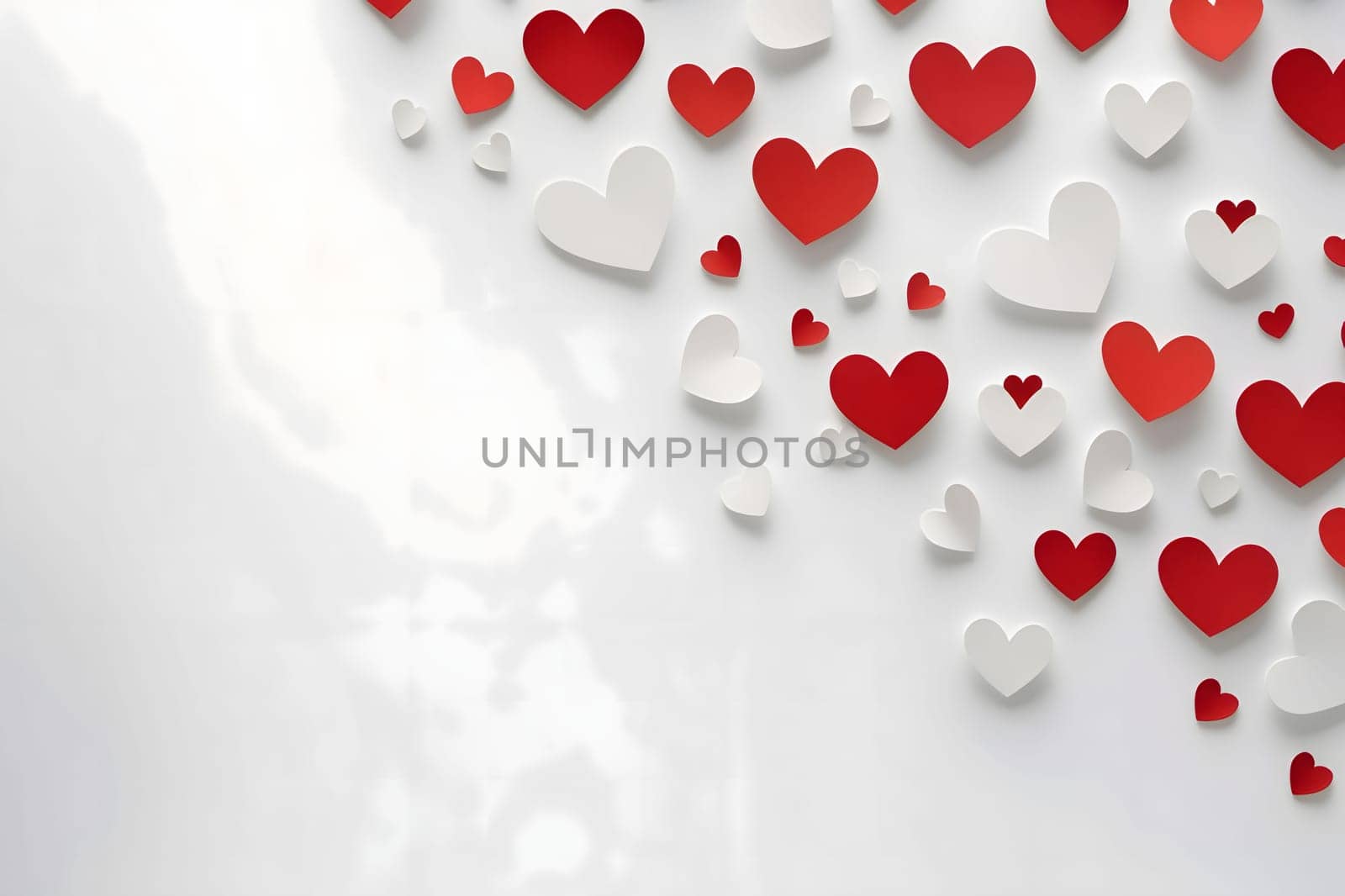 White and red hearts on a blank light card, banner with space for your own content. Heart as a symbol of affection and love. The time of falling in love and love.
