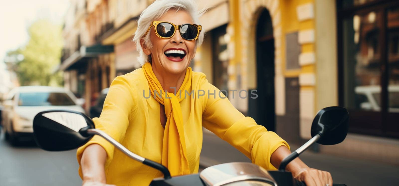 Cheerful happy senior woman riding scooter on city street, stylish elderly female driving moped by Rohappy