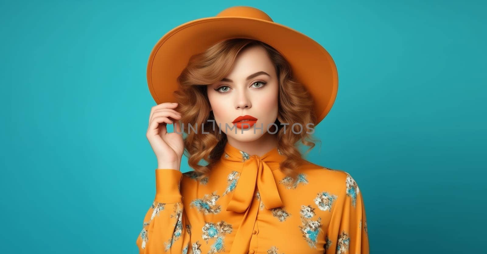 Portrait of beautiful elegant stylish woman in round hat, lady in retro style posing on color background