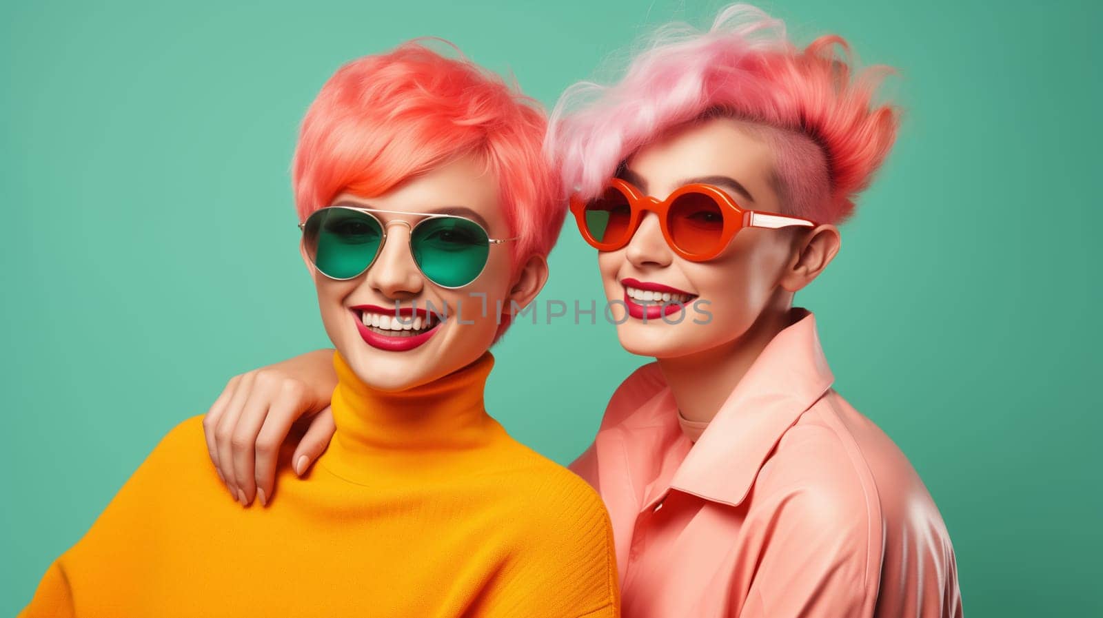 Fashionable portrait of stylish beautiful happy two cool women with bright hairstyles, dyed hair in colorful clothes, sunglasses on color studio background
