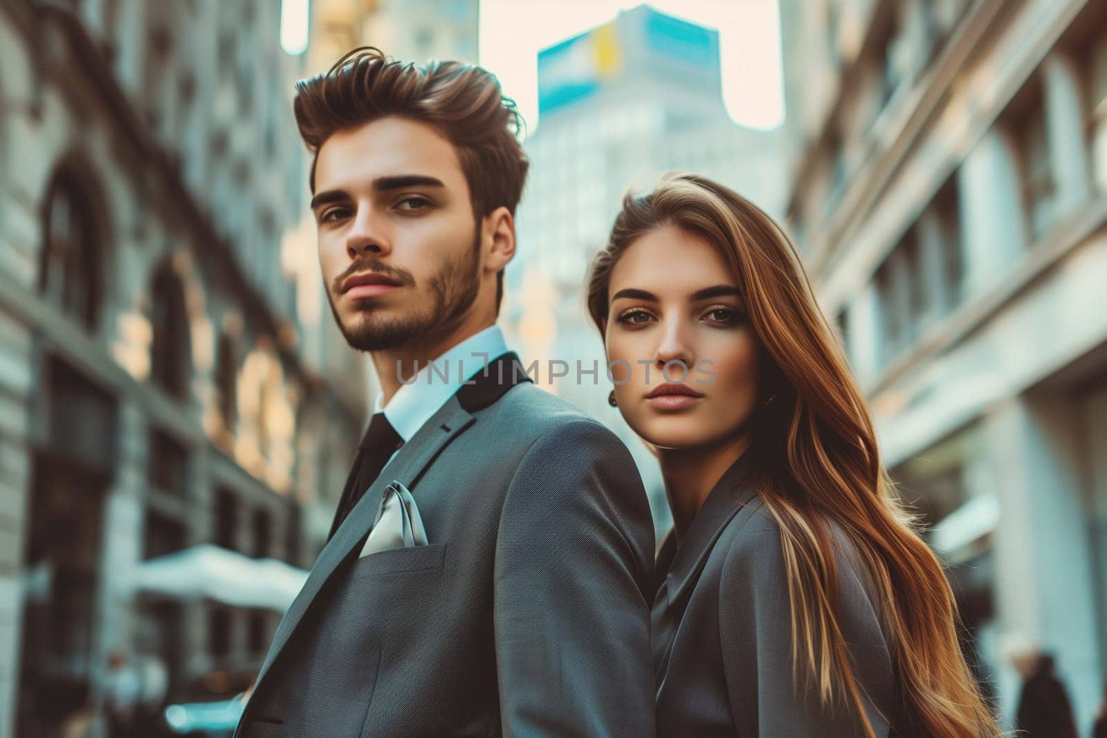 Fashionable portrait of stylish beautiful woman and man in suit, modern young couple posing together on city street