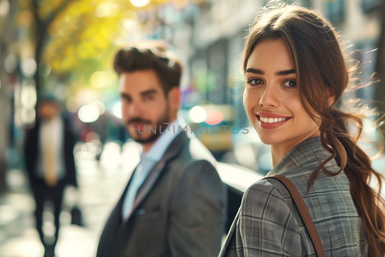 Portrait of beautiful happy smiling young woman and man in business suit, couple coworkers together on city street