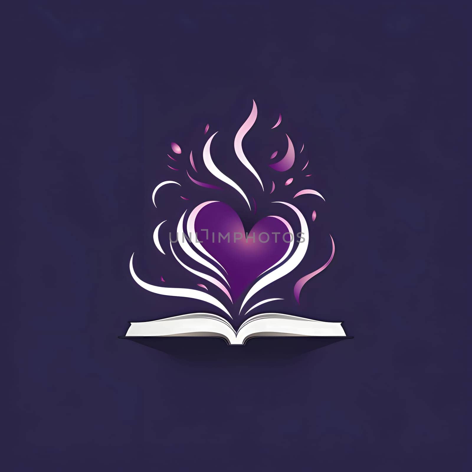 Logo concept abstract heart in white flames over book dark background. Heart as a symbol of affection and love. The time of falling in love and love.