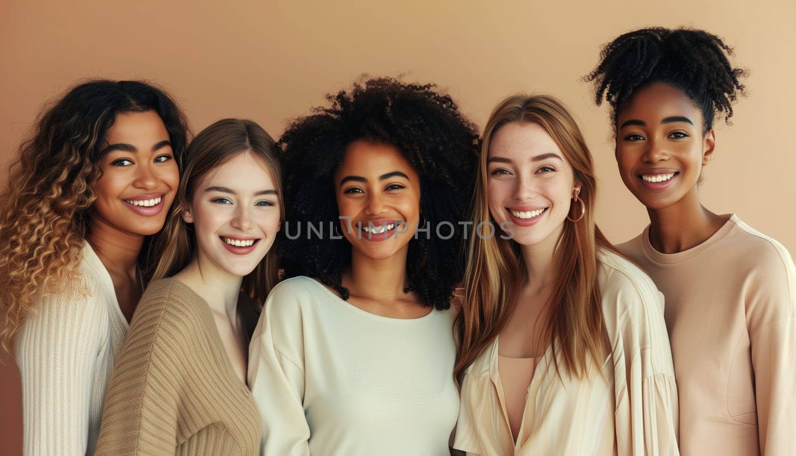 Group of beautiful happy smiling multiethnic young women together, five diverse cheerful girlfriends posing on brown studio background