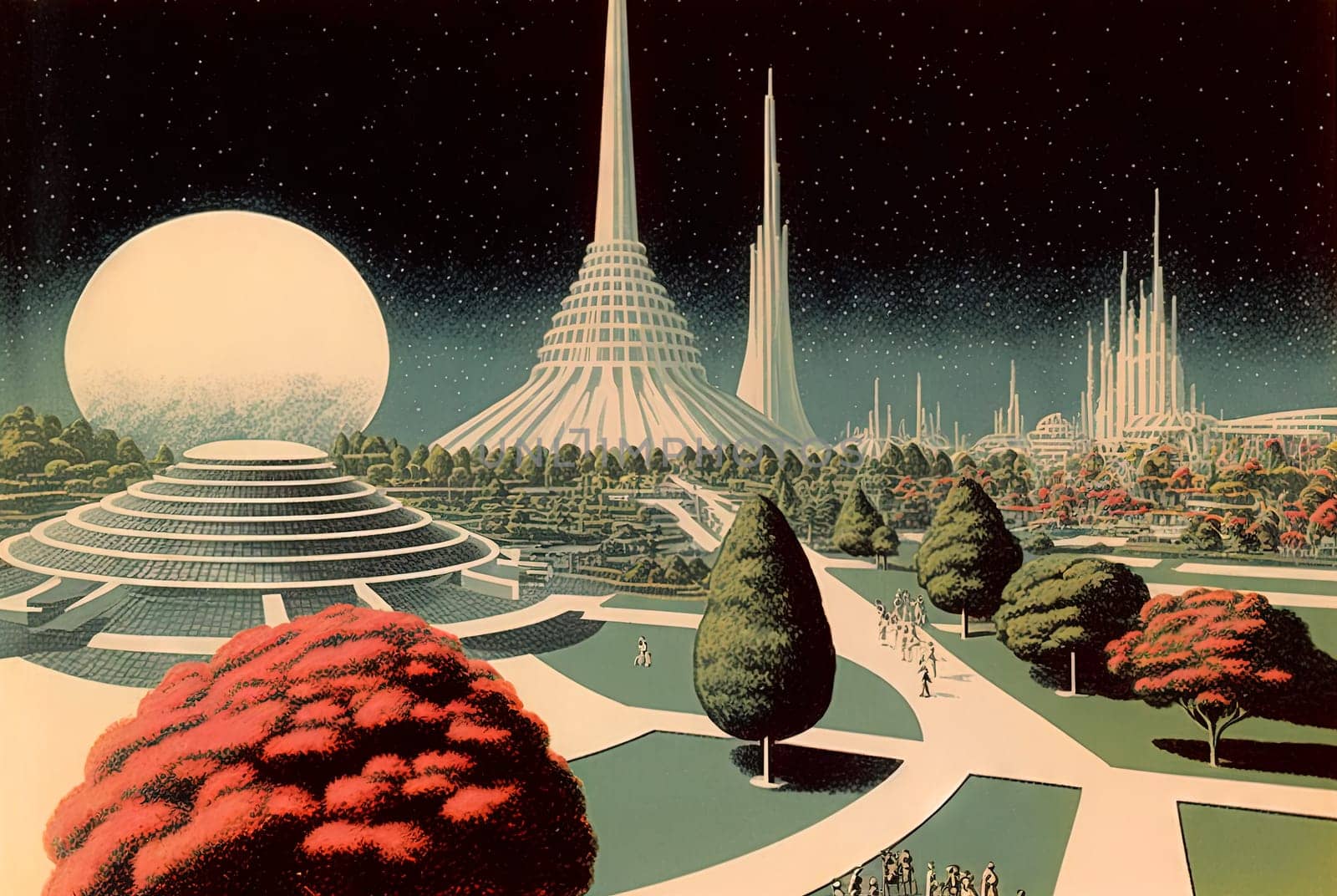 Retrofuturistic landscape in 80s sci-fi style. Retro science fiction scene with futuristic buildings. Generated AI