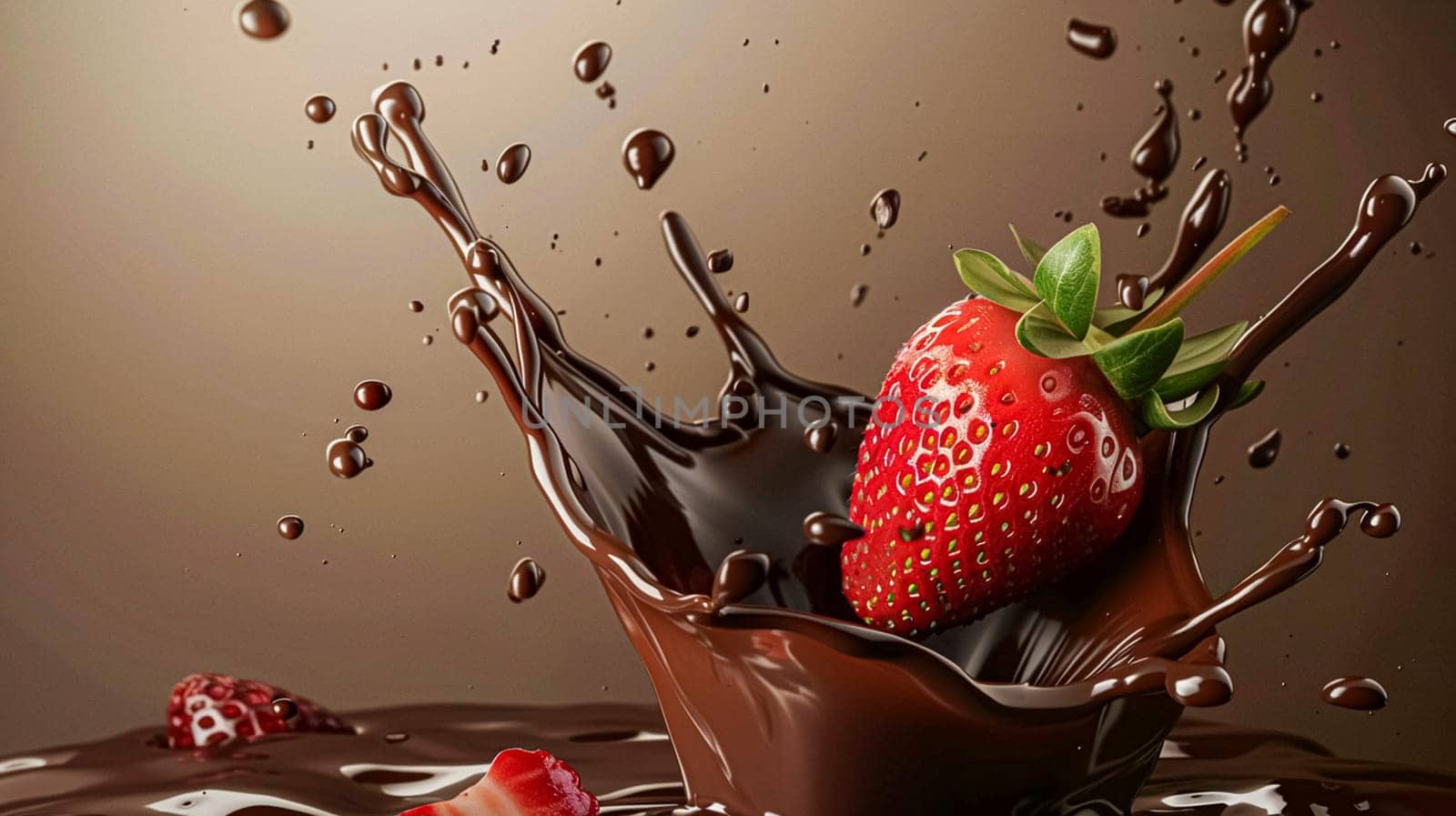 Strawberry falling into melted liquid chocolate, food dessert and confectionery industry by Anneleven