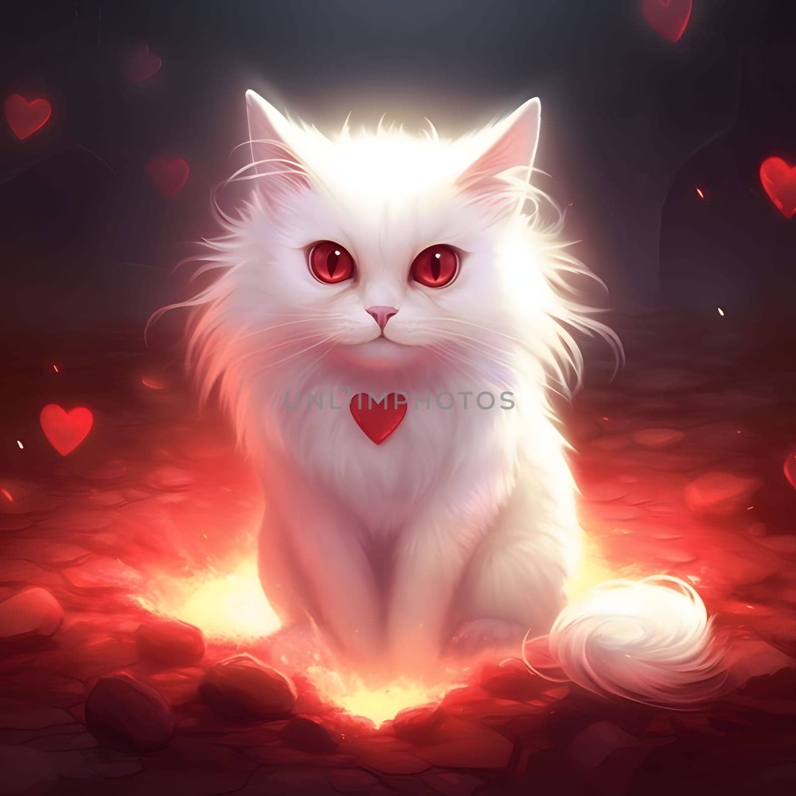 Passed by a kitty with a Red Heart. Illustration. Heart as a symbol of affection and love. The time of falling in love and love.