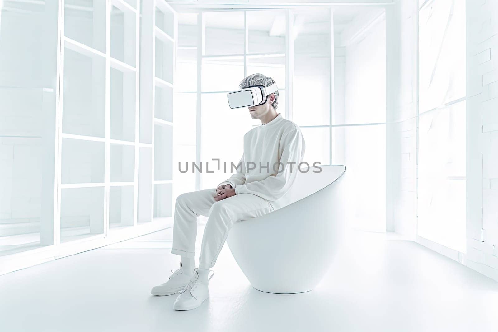 VR goggles technology concept with a person wearing virtual reality glasses device in white room. Generated AI. by SwillKch