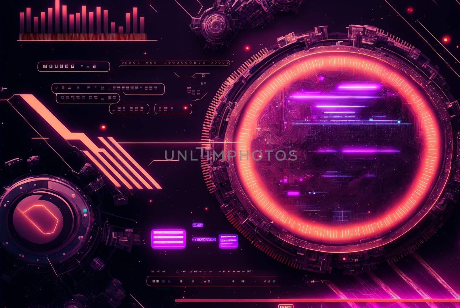 Technology abstract with shiny elements. HUD background with scientific and tech or data interface concept. Generated AI. by SwillKch