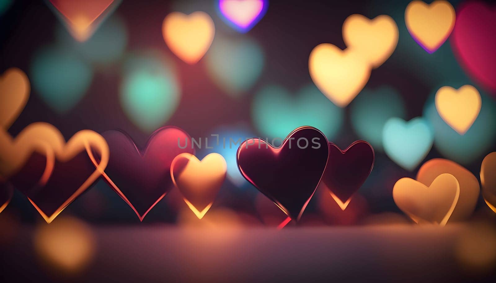 Side view of colorful hearts, blurred background.Valentine's Day banner with space for your own content. White background color. Blank field for the inscription. by ThemesS