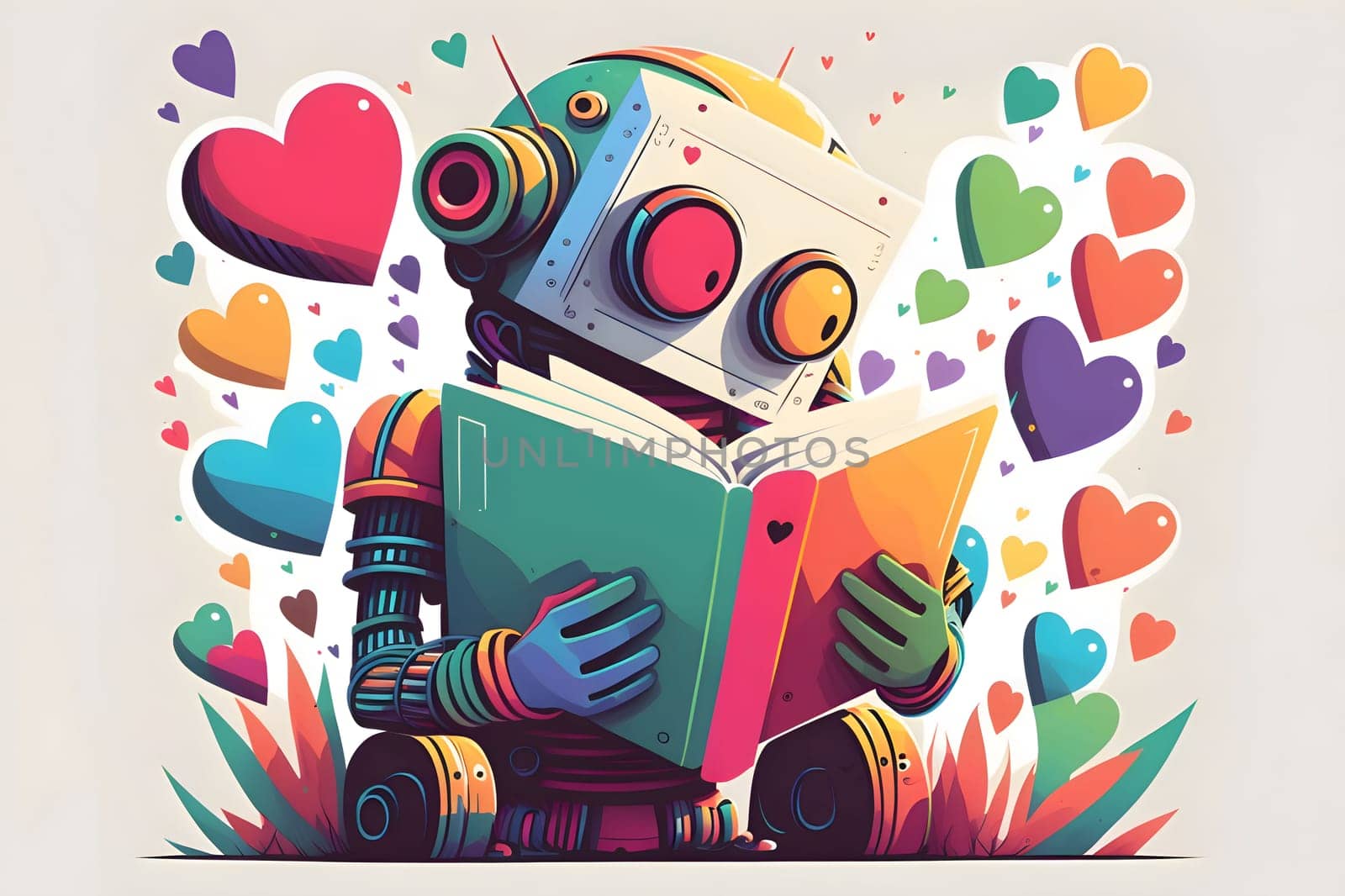 Illustration of a colorful robot reading a book around colorful hearts. Heart as a symbol of affection and love. by ThemesS