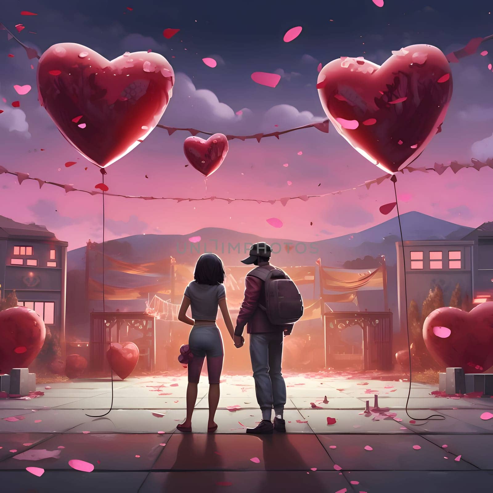 Illustration of a couple in love woman and man holding hands around heart-shaped balloons, confetti, Valentine's Day party. Heart as a symbol of affection and love. The time of falling in love and love.