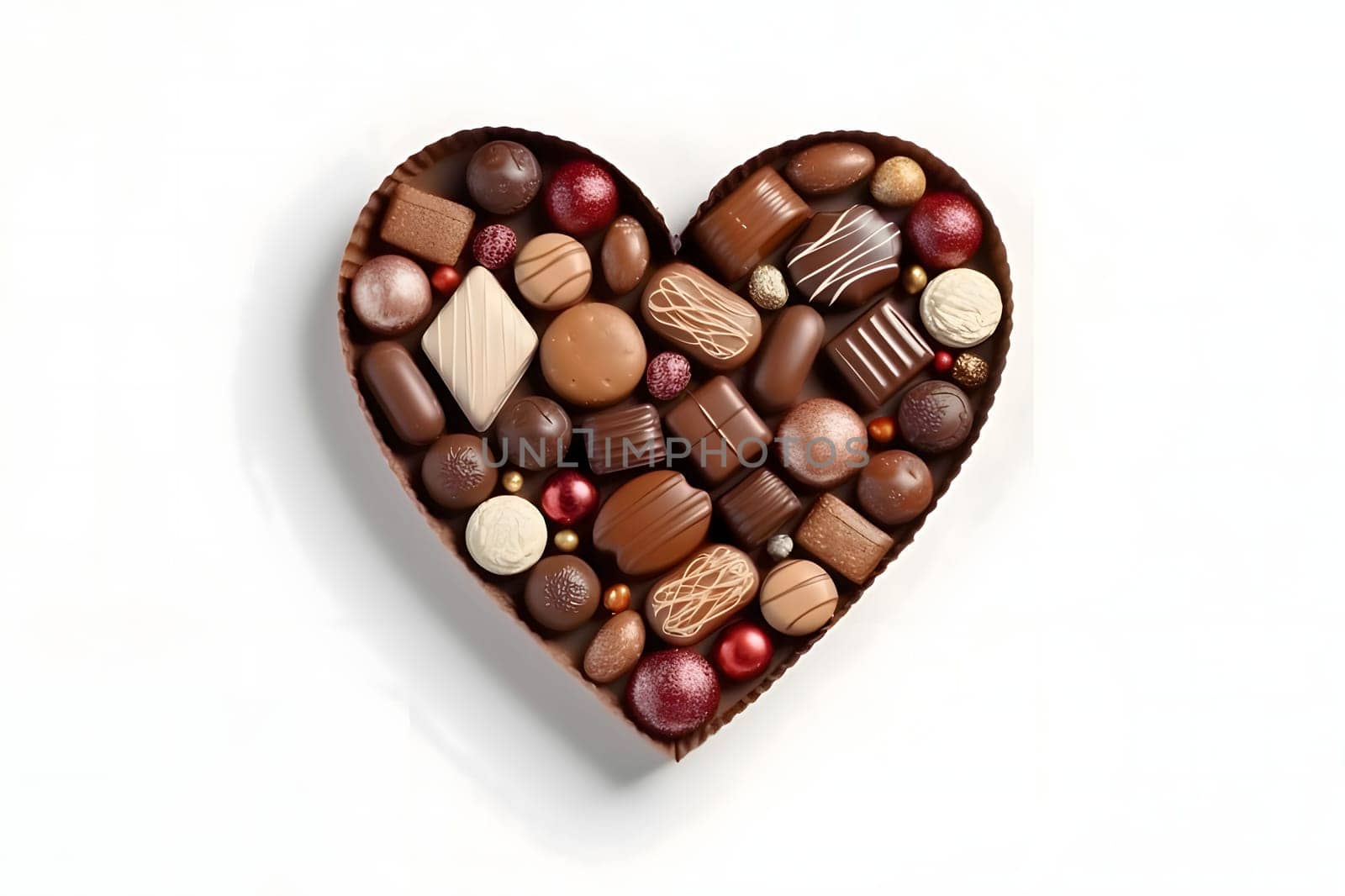 Heart made of chocolates and pralines. White isolated background. Heart as a symbol of affection and love. The time of falling in love and love.