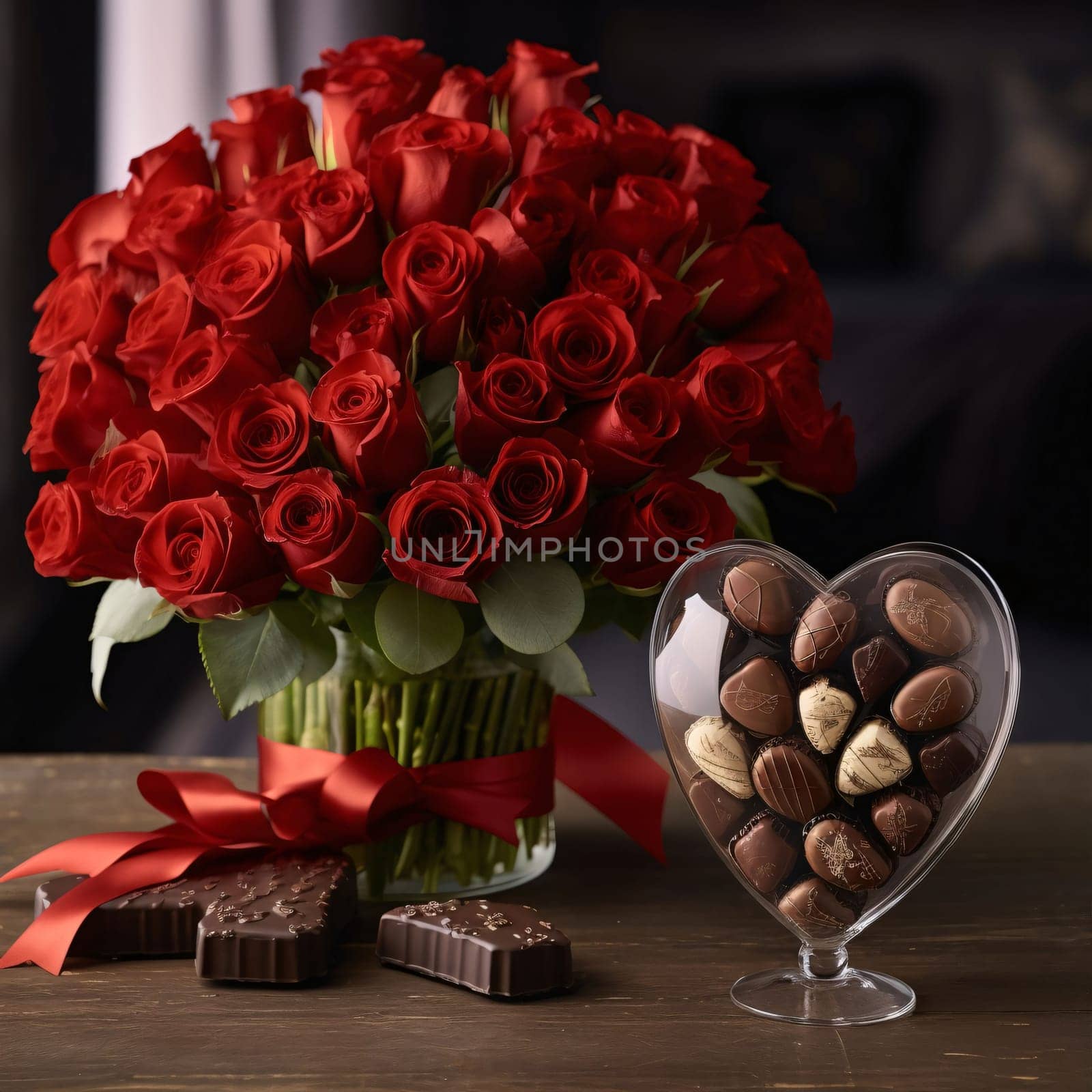 A bouquet of red roses decorated with a bow and chocolates. Heart as a symbol of affection and love. The time of falling in love and love.