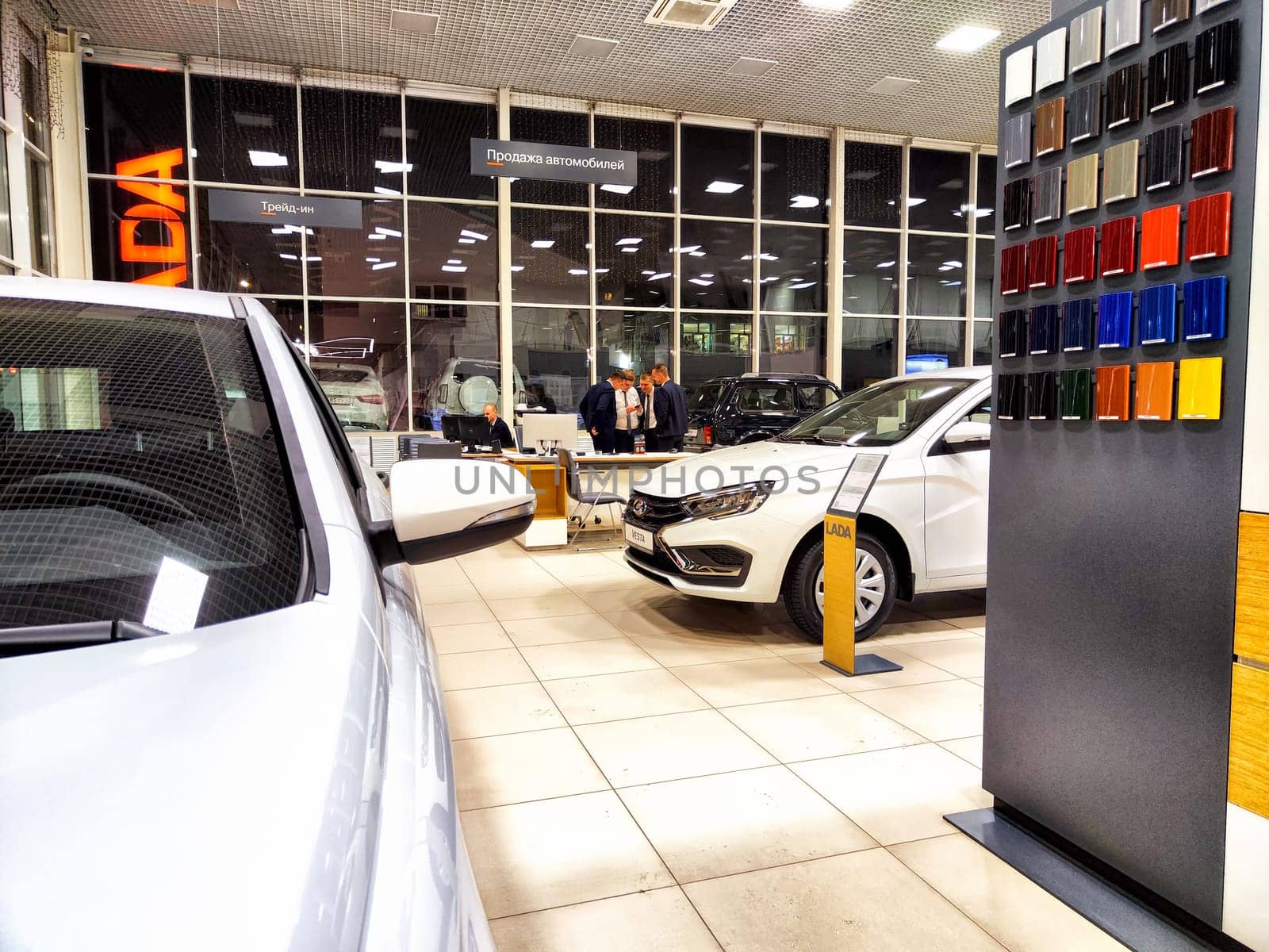 Kirov, Russia - November 21, 2023: Car in showroom of dealership Lada Avtovaz. Sale of Russian cars in Russia by keleny